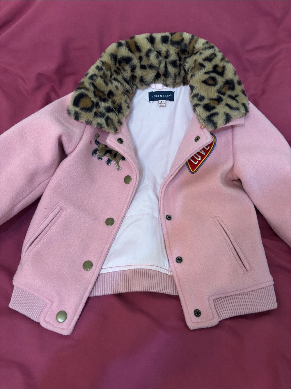 Andy & Evan Pink Pea Coat with Leopard Faux-Fur Collar